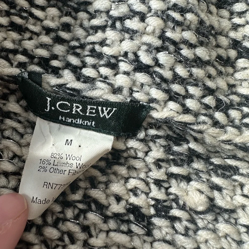 Women’s J Crew Zip Front Black And White Wool Hand Knit Sweater Size Medium
